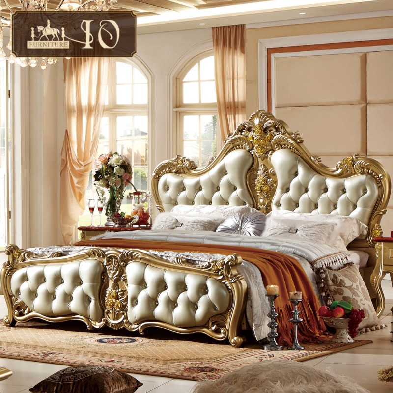 313 #貴族寝室クラシック家具セット刻まれたパターン固体木製の高品質レザーバロックベッド-ベッド問屋・仕入れ・卸・卸売り