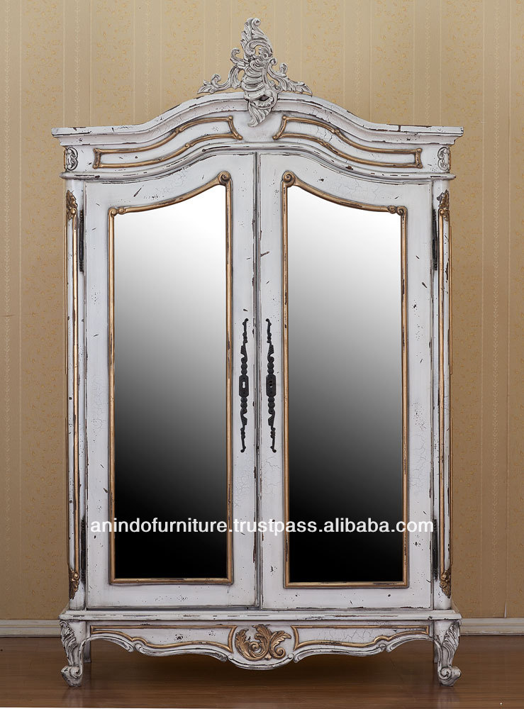 Antique Distressed White Armoire with Mirror-ワードローブ問屋・仕入れ・卸・卸売り