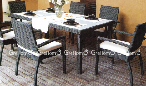 ガーデン家具の籐製のダイニングテーブルと椅子を備えたクッション-ガーデンセット問屋・仕入れ・卸・卸売り