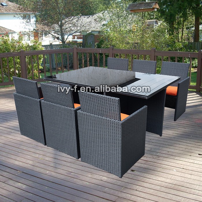 全天候型のガーデン7個peの籐家具のキューブダイニングテーブル・チェアセット6- 座席-ガーデンセット問屋・仕入れ・卸・卸売り