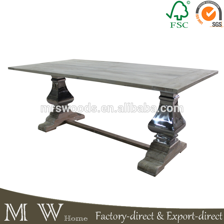 カントリースタイルソリッドオーク材の上部ステンレス鋼テーブル脚ベース素朴なフランスの家具-木製テーブル問屋・仕入れ・卸・卸売り