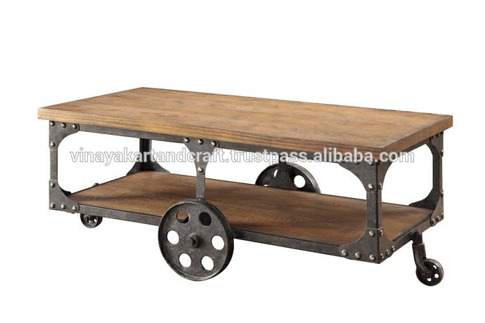 インドダブルデッカーコーヒーテーブル、工業用コーヒーテーブルで車輪カート-木製テーブル問屋・仕入れ・卸・卸売り