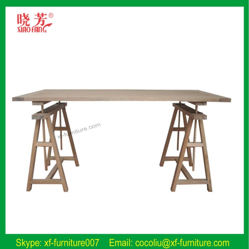 最新の素朴なベースの木トレッスルスタイルのオーク無垢材のダイニングテーブル( rf1008)-木製テーブル問屋・仕入れ・卸・卸売り