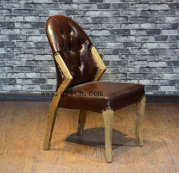本物の茶色の革のボタンのバックデザインのソリッドオークアンティーク木のレストランの椅子/ダイニングチェア-アンティーク椅子問屋・仕入れ・卸・卸売り