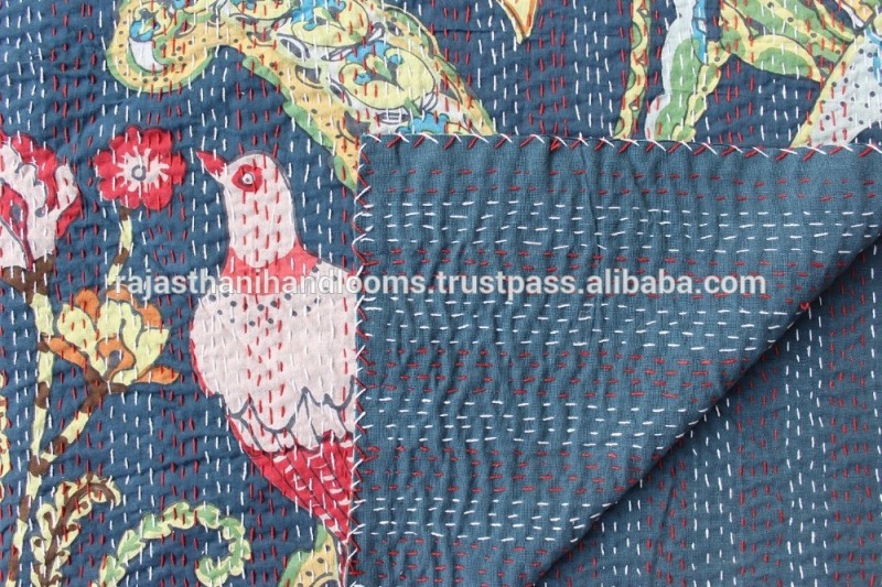 インドの手作り白い鳥花カンタベッドカバーキルトスロー掛け布団装飾gudariアートインドテキスタイルクイーンサイズ毛布-キルト問屋・仕入れ・卸・卸売り