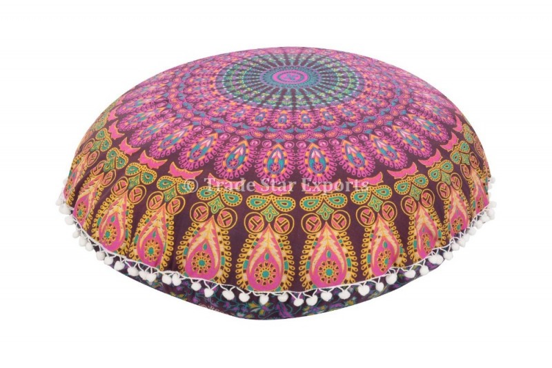 インド曼荼羅床枕インサート付きボヘミアンラウンドクッションカバー32 "poufs-クッションカバー問屋・仕入れ・卸・卸売り