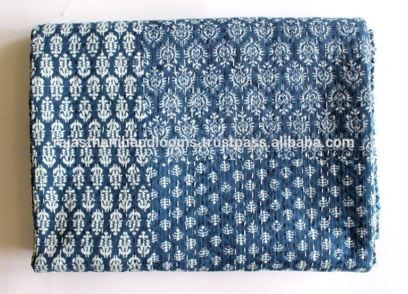 インドの女王100%綿織物可逆ブルーイカットペイズリー手作りカンタキルトベッドカバーthorwベッドカバーテキスタイル自由奔放に生きる-キルト問屋・仕入れ・卸・卸売り
