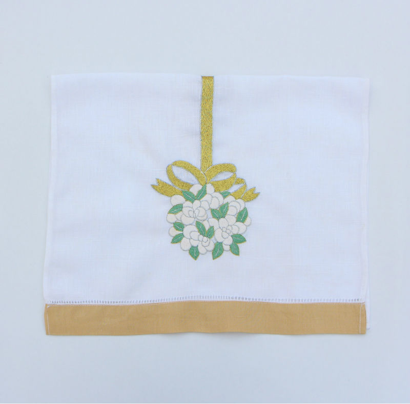 リネンバスタオル、 リボン刺繍の花と金リネンティータオル-タオル問屋・仕入れ・卸・卸売り