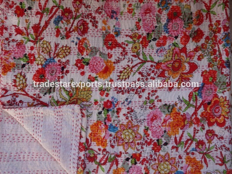 インドの花プリントカンタキルト綿エスニック寝具自由奔放に生きるベッドカバー投げる-毛布問屋・仕入れ・卸・卸売り