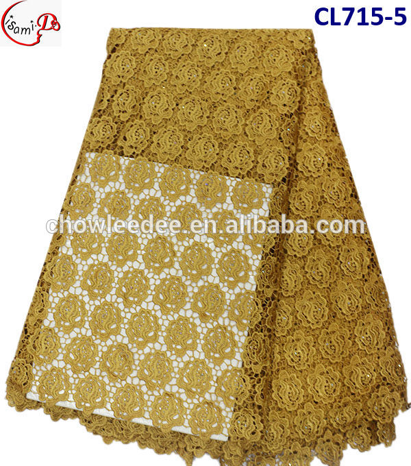CL715広州工場卸売高品質重い ギピュールレース綿アフリカ ゴールド コード生地石レース用女性ドレス-問屋・仕入れ・卸・卸売り
