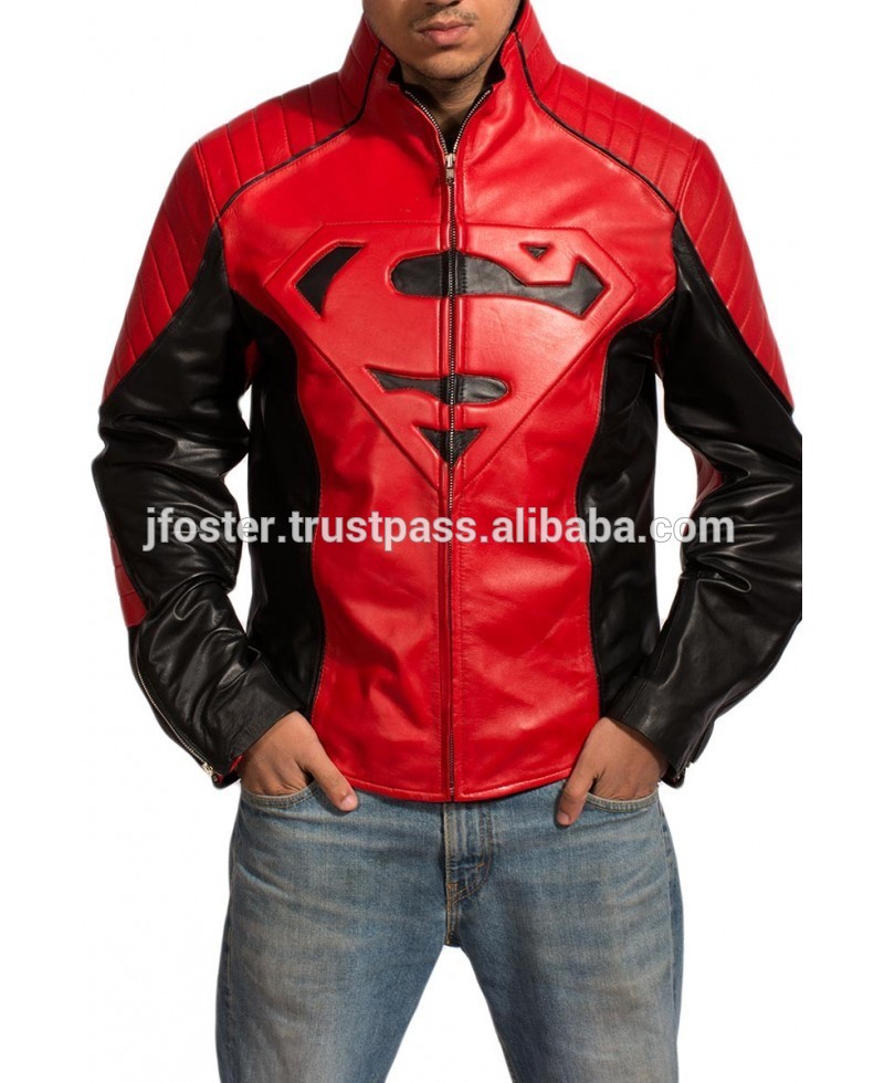 スーパーマンsmallville赤と黒のジャケット----------------- スタイリッシュの本物の革のジャケット男性用/バイクの革のジャケット-皮革製品問屋・仕入れ・卸・卸売り