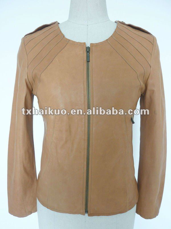 レディースファッションラム2013ラウンドネック純粋なレザージャケット-皮革製品問屋・仕入れ・卸・卸売り