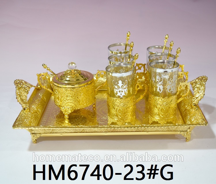 鉄とガラスのコーヒーカップセットシュガーポットと銀メッキスプーンやトレイ/イスラムのウェディングギフト/iems広州銀-カップ、ソーサー問屋・仕入れ・卸・卸売り