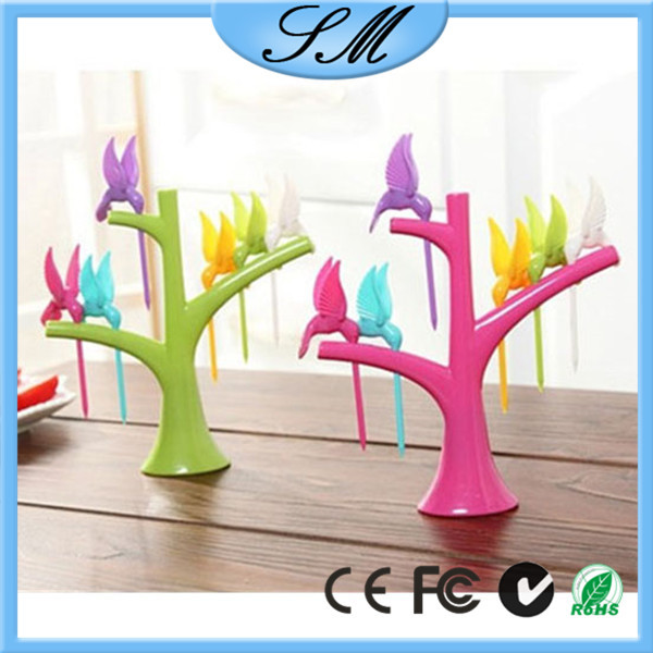 デザインのプラスチック製のフルーツフォークtree+birds1stand+6フォーク-フォーク問屋・仕入れ・卸・卸売り