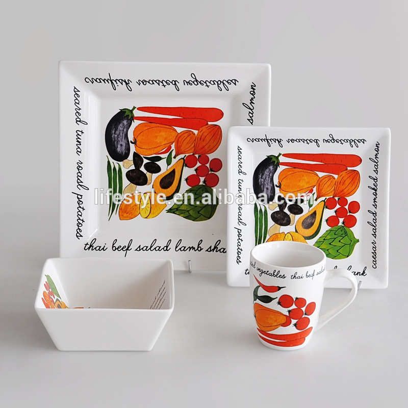 16ピースセラミックスクエア形状食器セットでデカール-食器セット問屋・仕入れ・卸・卸売り