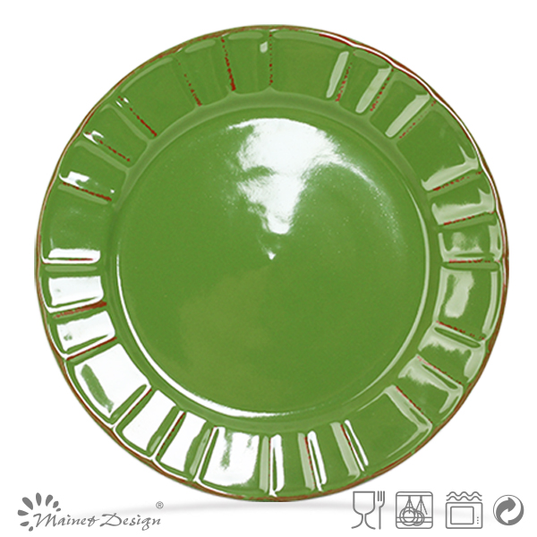 緑の優雅なラウンドセラミック陶器のディナープレートをエンボスで茶色のブラシ-皿類問屋・仕入れ・卸・卸売り