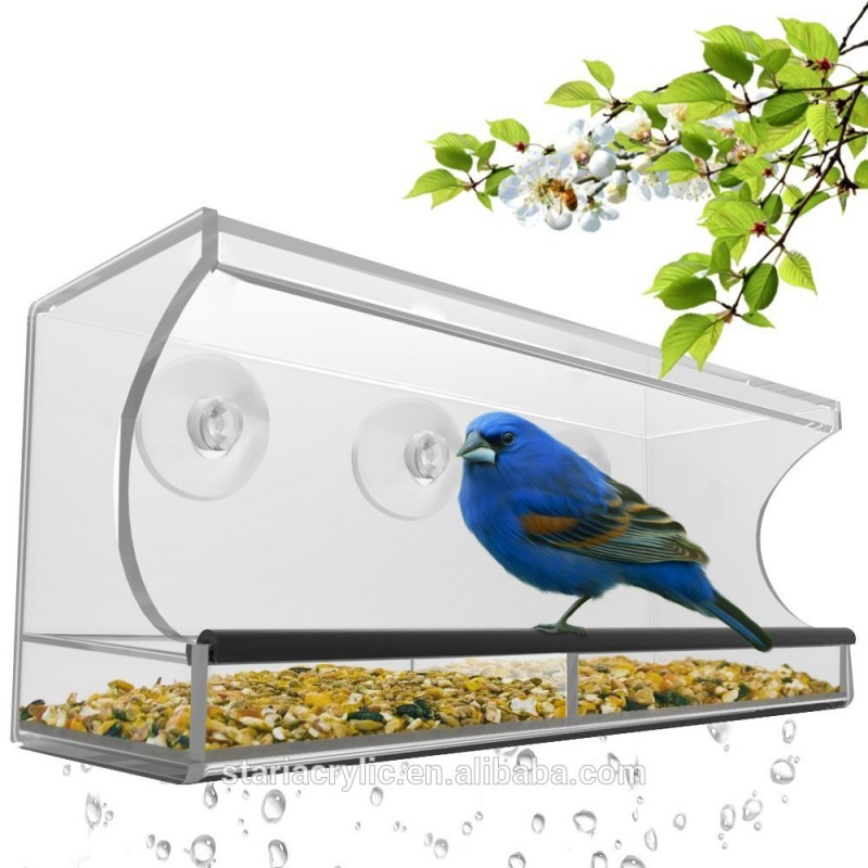 クリアアクリル大窓鳥フィーダーで取り外し可能なトレイ、排水口ガラスマウント種子ホルダー-フードボウル、ペットフィーダー問屋・仕入れ・卸・卸売り