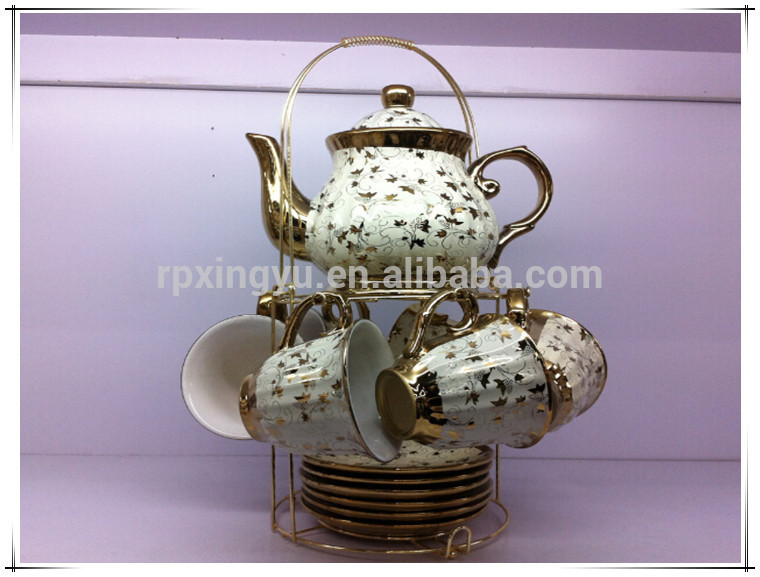 13ピースでスタンド磁器茶セット、カップとソーサー、金めっきが施されたティーセット-コーヒーセット、ティーセット問屋・仕入れ・卸・卸売り