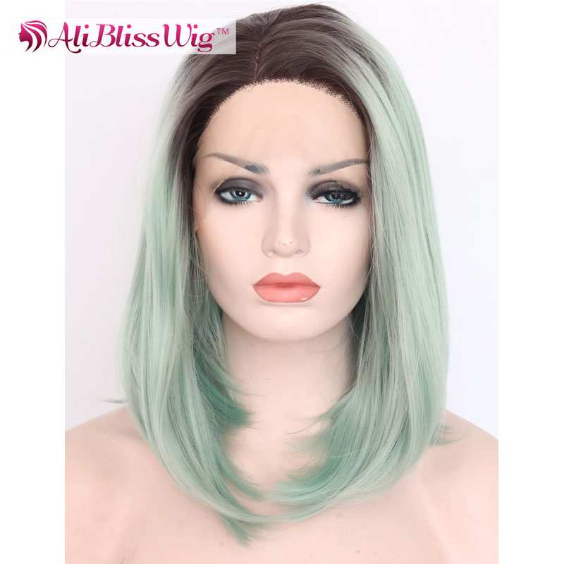 アリblissかつら熱優しい繊維毛14インチダークルーツツートングリーンオンブル合成レースフロントかつら用女性問屋・仕入れ・卸・卸売り