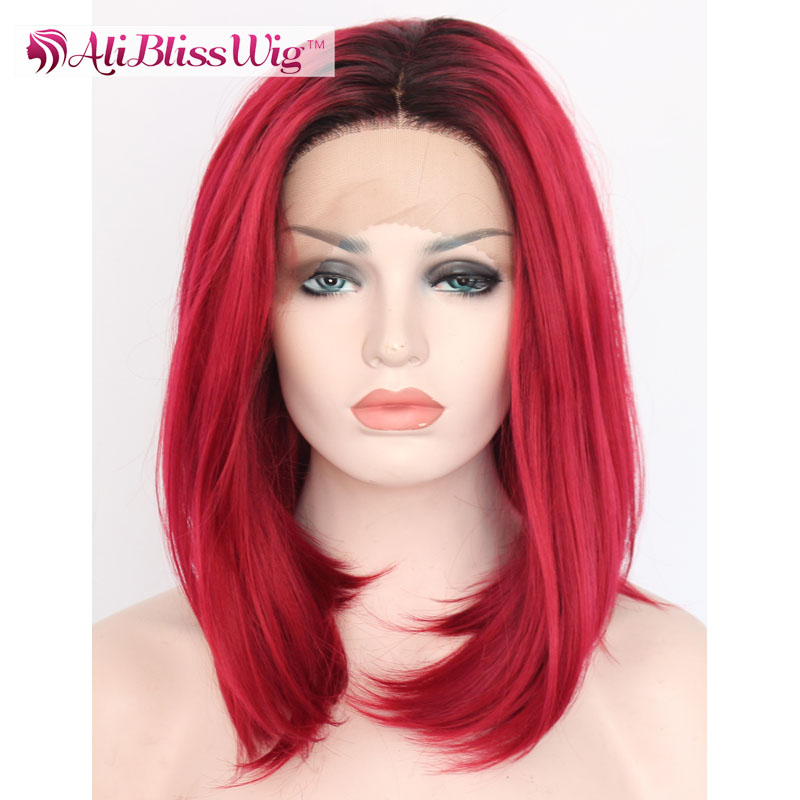 14 "耐熱繊維非バージンヘア中間部ダーク根二つトーンオンブル赤ショートボブ合成レースフロントかつら用女性問屋・仕入れ・卸・卸売り