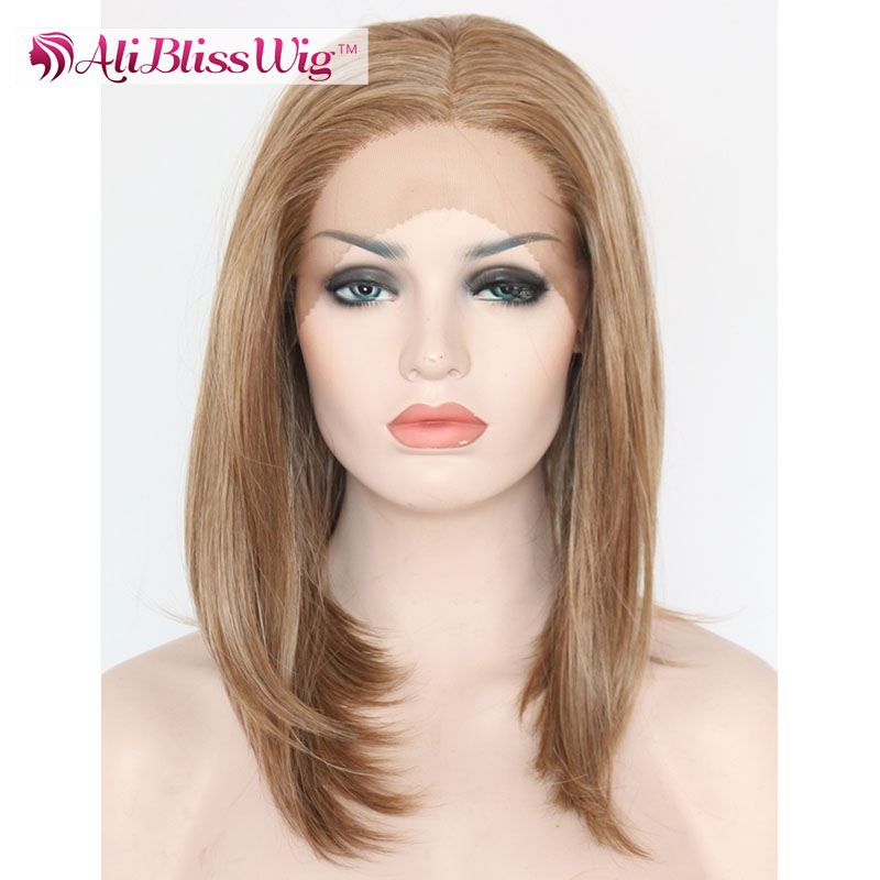 ナチュラル14インチ耐熱繊維非バージンヘア中間部分ショートbobブロンド合成レースフロントかつら用ホワイト女性問屋・仕入れ・卸・卸売り