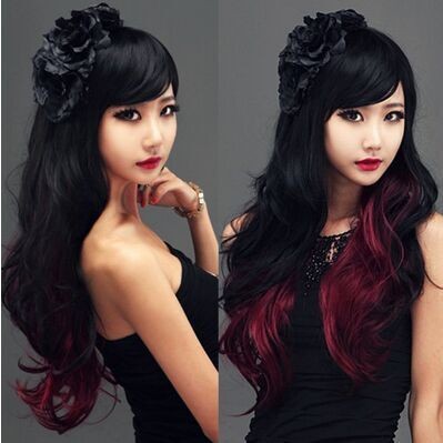 ファッション女性black+redコスプレパーティーかつら長い女性のフルウィッグカーリー波状毛問屋・仕入れ・卸・卸売り