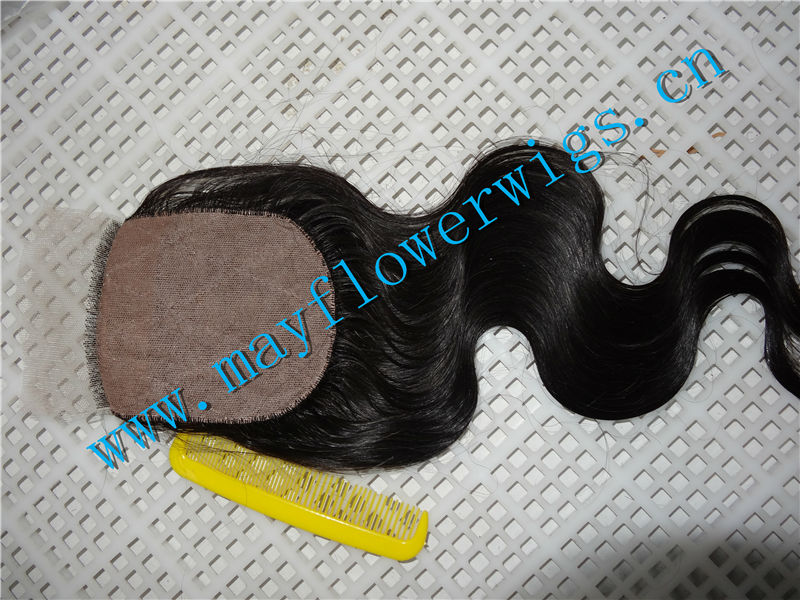 基本サイズ4*43.5*4マレーシアの絹の上の閉鎖黒バージン人間の毛髪の絹基地閉鎖問屋・仕入れ・卸・卸売り