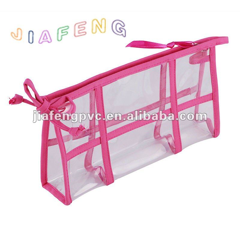 最も新しい設計、ピンクのキャンバスの化粧品のための配管側面のガセットポリ塩化ビニールの洗面用品袋問屋・仕入れ・卸・卸売り