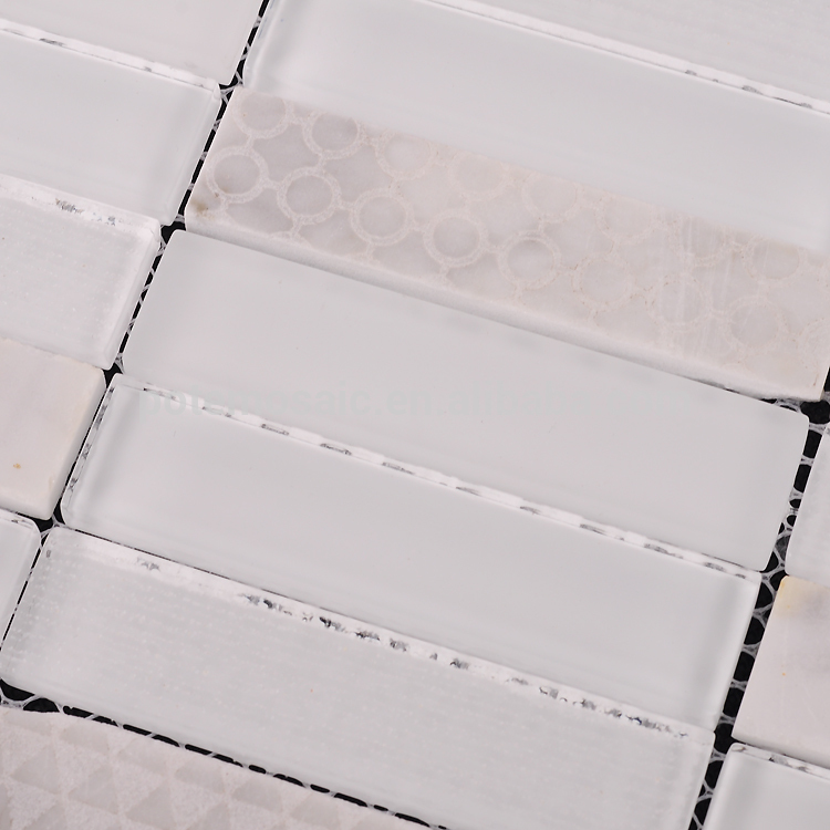 ピュアホワイト長方形型大理石の石混合ガラスモザイクタイル問屋・仕入れ・卸・卸売り
