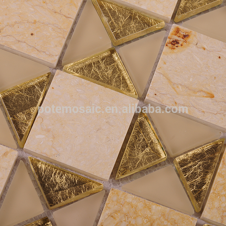 ベージュ大理石混合小さな黄金箔三角形パターンガラスタイル問屋・仕入れ・卸・卸売り